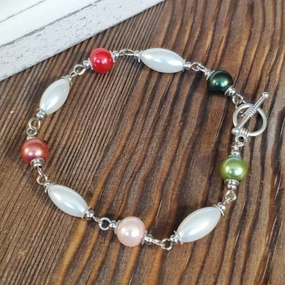 Glass Pearl Bracelet Silver White Multi Color